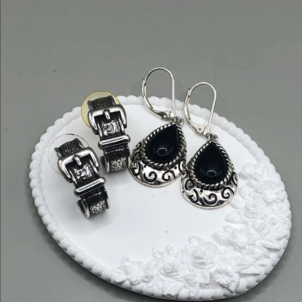Brighton earrings bundle lot 2 buckle hoop earrings oval teardrop faux onyx.